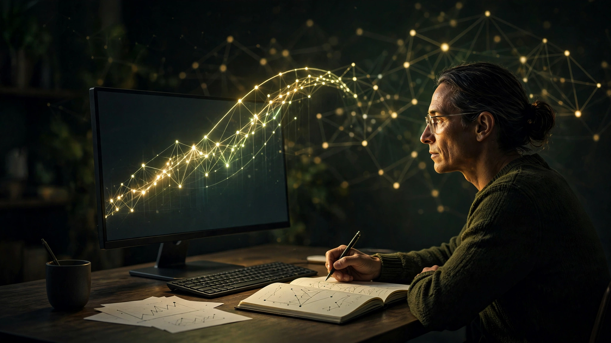 A person studying a glowing market chart at a desk, deep green and gold tones — learning before earning