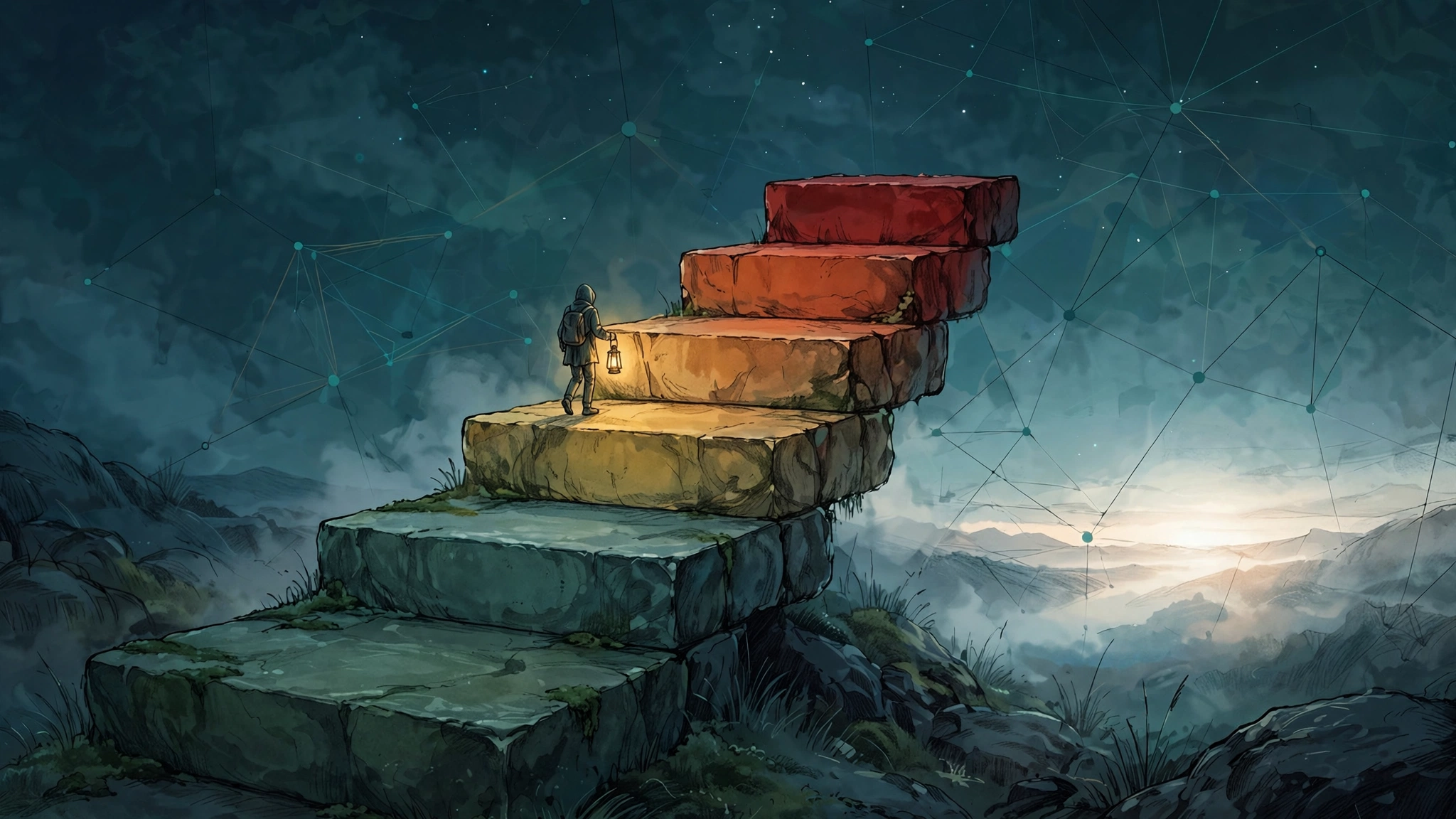 A risk ladder: a stone staircase ascending from deep green to red, each step taller than the last, a figure climbing thoughtfully with a lantern